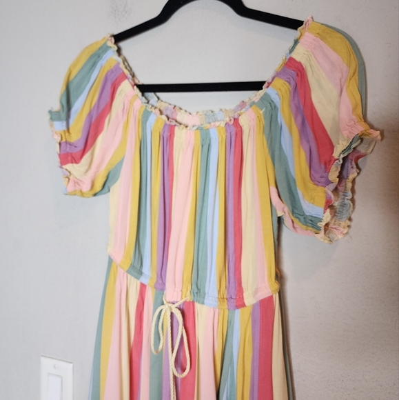 Torrid Midi Challis Off-Shoulder Dress Rainbow Stripe Stretch Size 0 Lrg pockets - Picture 14 of 16